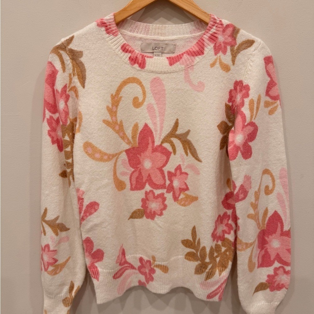LOFT Floral Sweater XS Cream Pink Crewneck Lightweight‎ Cotton Blend